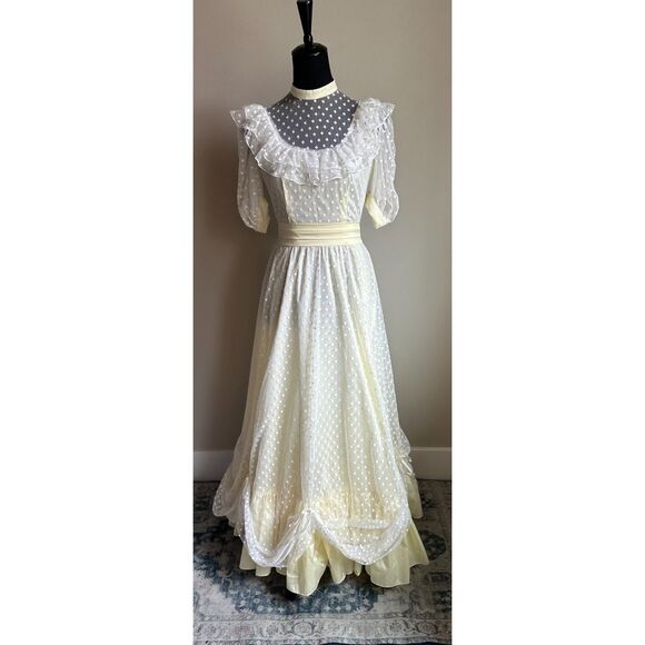 VINTAGE Women's Ruffle Butter Yellow Polka Dot High Neck Maxi Prom Dress Size S - Picture 1 of 8
